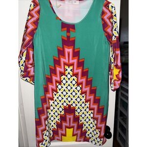 Peach Love Cream Dress Women's Sz S Multicolor Abstract lined. Great Colors 5183